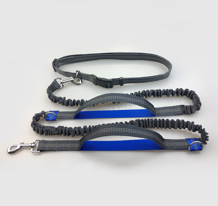 Reflective Stitching Double Elastic Adjustable Dog Belt Leash for Walking, Jogging and Running