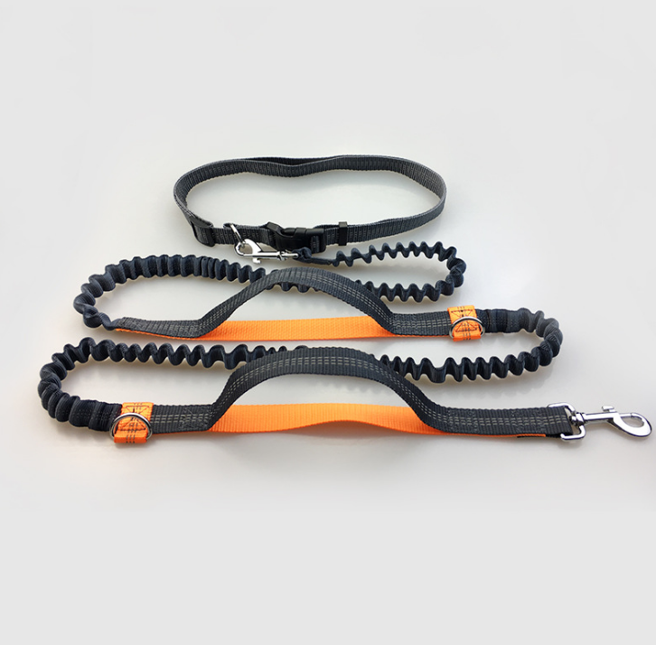Reflective Stitching Double Elastic Adjustable Dog Belt Leash for Walking, Jogging and Running