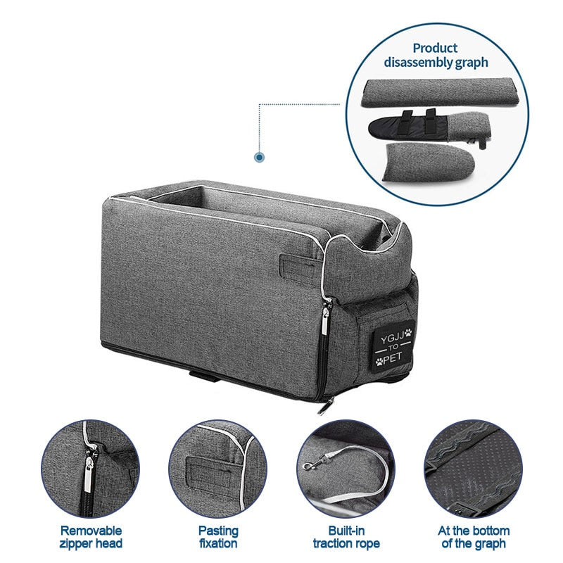 Portable Central Console Car Seat Travel Bed for Small Dogs and Cats