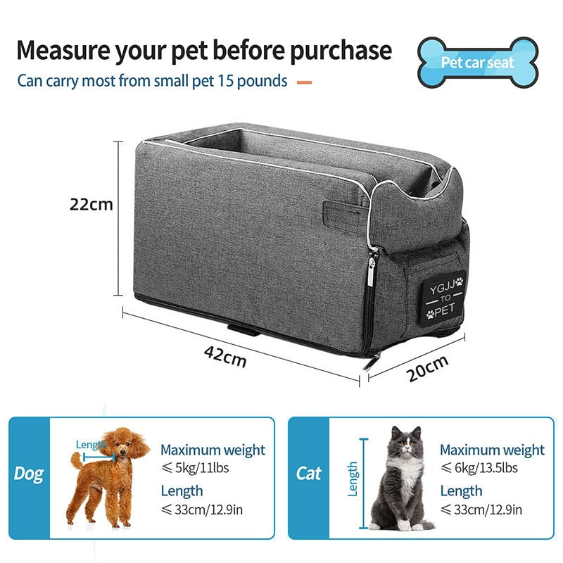 Portable Central Console Car Seat Travel Bed for Small Dogs and Cats