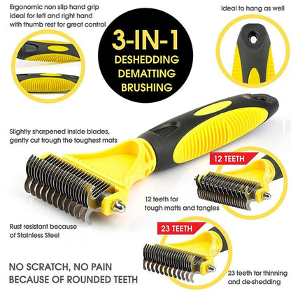 Two-Sided Stainless Steel Undercoat Rake Grooming Brush for Shedding and De-matting